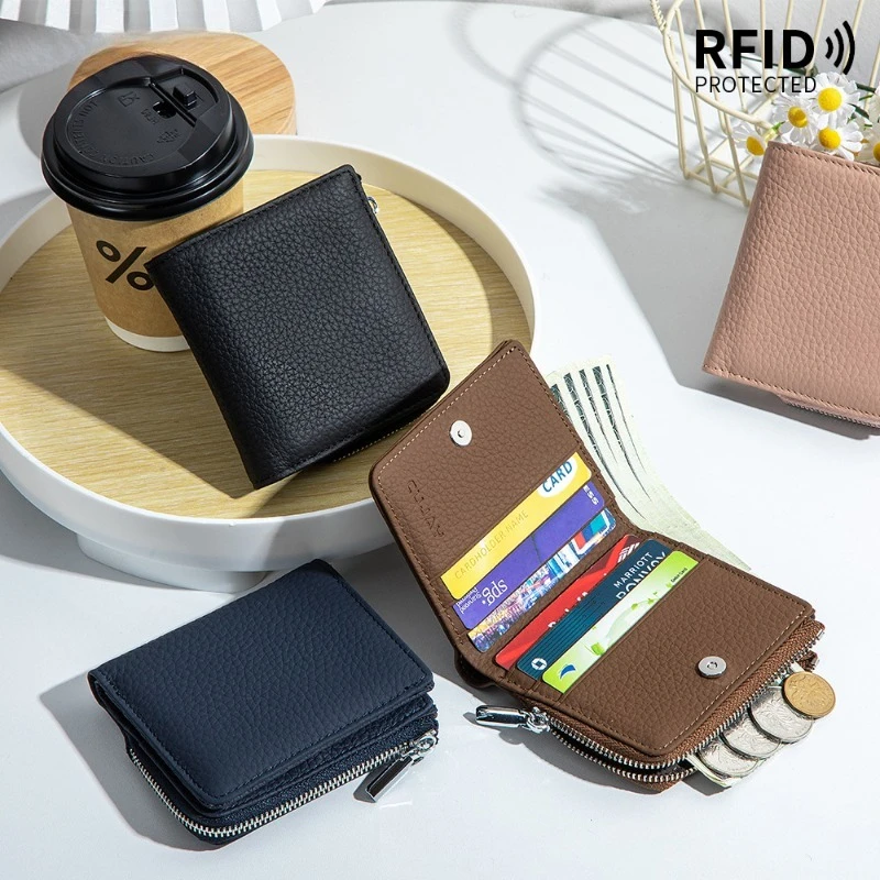 Women Genuine Leather RFID Blocking Wallet Short Bifold Design Zipper Closure Coin Pocket Multiple Card Slots Ladies Small Purse
