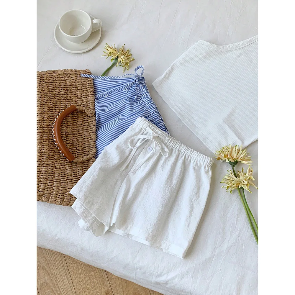 캐주얼 스트라이프 반바지 여성 y2k 의류 드로스트링 신축성 있는 허리 루즈핏 와이드 레그 바지 2000년대 미학 스트리트웨어