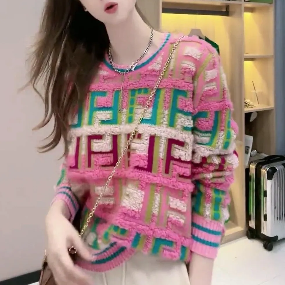 Women Colorful Geometric Pattern Knitted Sweater Round Neck Long Sleeve Autumn Winter Jacquard Pullover Casual Loose Knit Top