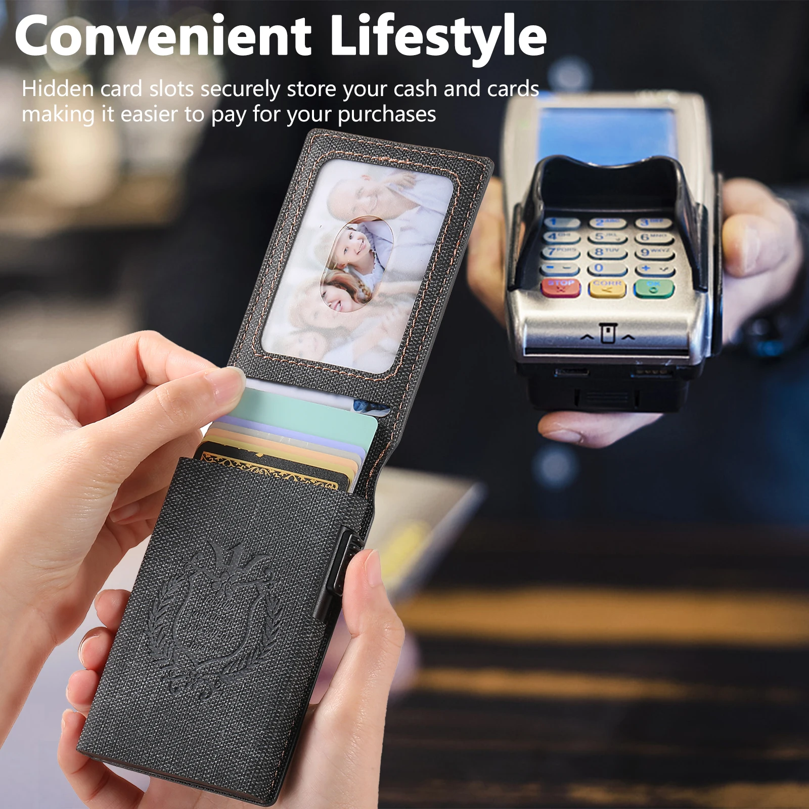 SUTENI Kunstleder für Herren, Geldbörse, Kartensteckplatz, Geldbörse, Flip-Cover, Kartenbox, drückt den Knopf automatisch die Karte aus – Detail 7