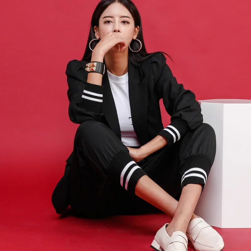 Blazer feminino com cintos e terno de calças, calças de manga comprida, senhora do escritório, moda nova, conjunto 2 peças, 2023