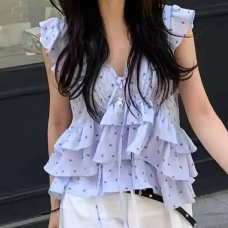 Folded Floral Ribbon Ruffled Shirt Vest Women Deep V Back Sweet Sexy Temperament Elegant Summer Loose And Comfortable Casual Top