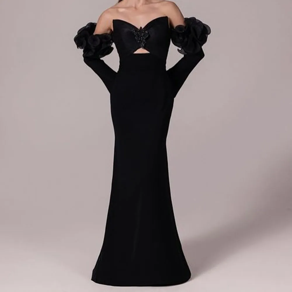 

Customized Mermaid Evening Dresses Strapless Full Sleeve Prom Gown Fashion Flowers Simple Draped Backless Casual Party Gown