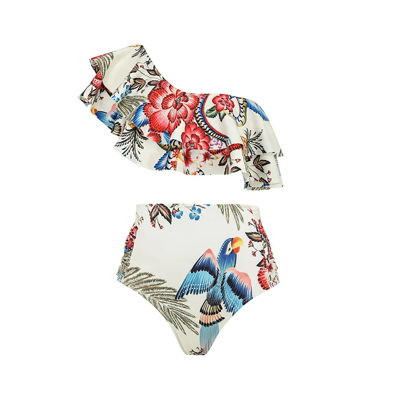 One-piece ชุดว่ายน้ําสตรีชุดว่ายน้ํา Deep V ruffled COLLAR Toucan พิมพ์ชุดบิกินี่ชายหาดสไตล์สวมชุด Maxi กระโปรง