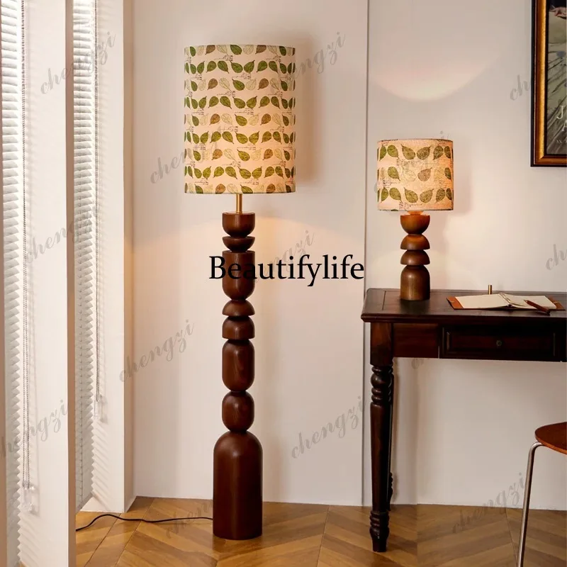 French medieval living room floor lamp, bedroom retro wabi-sabi wind solid wood bedside, vertical lamp next to sofa