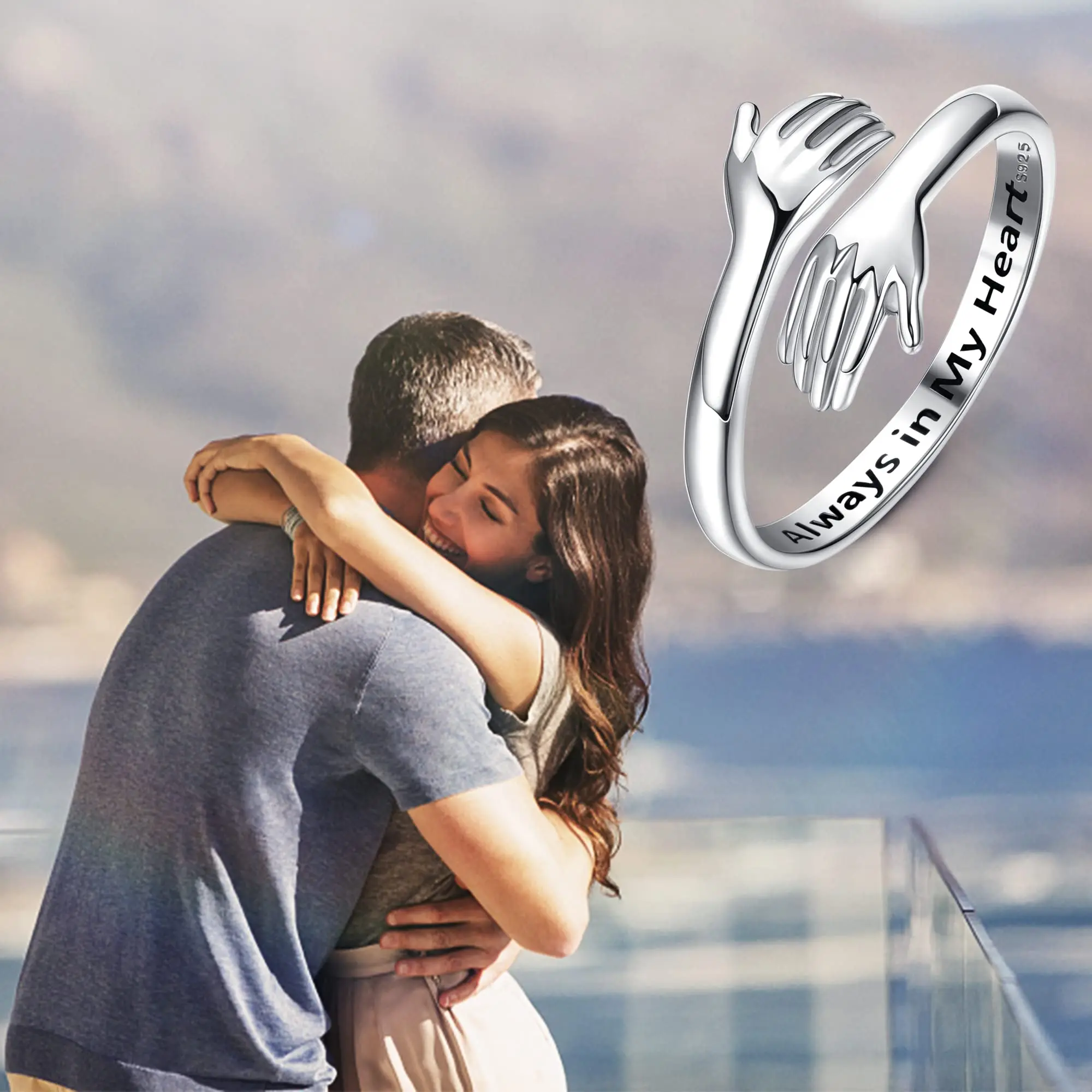 Fansilver-Anillo de abrazo de Plata de Ley 925 para mujer, ajustable, abrazando las manos abiertas, promesa de amor, joyería de amistad, venta al por mayor