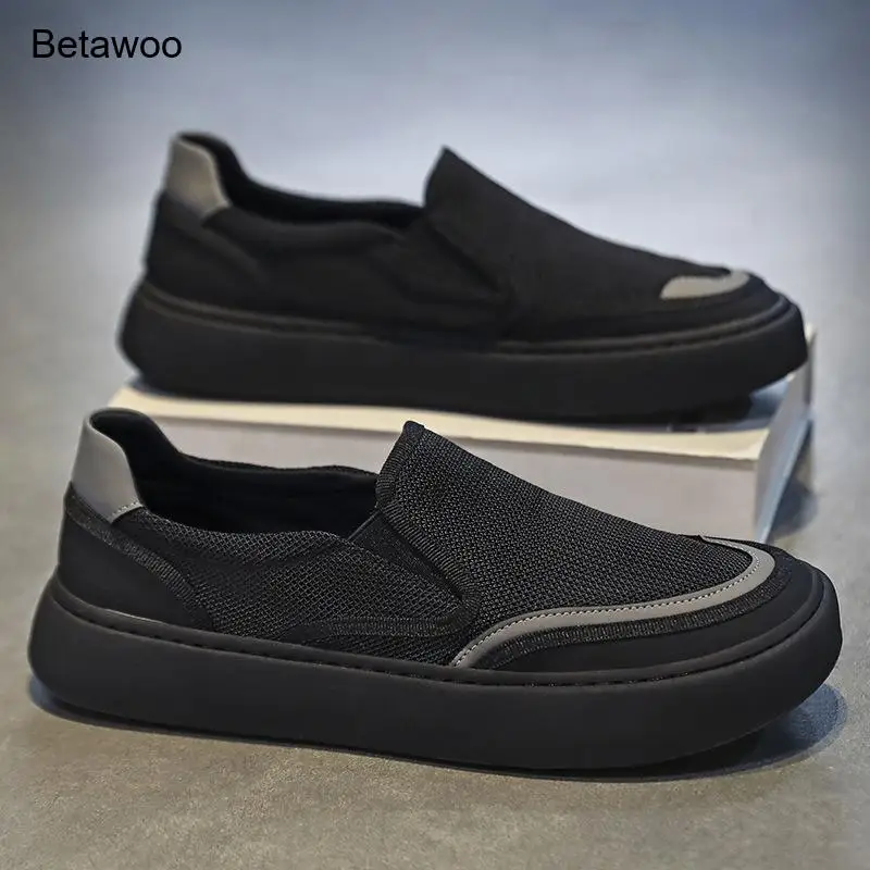 Black Beige Mesh Slip-On Platform Sneakers Men Non-Slip Wear-Resistant Daily Casual Walking Shoes