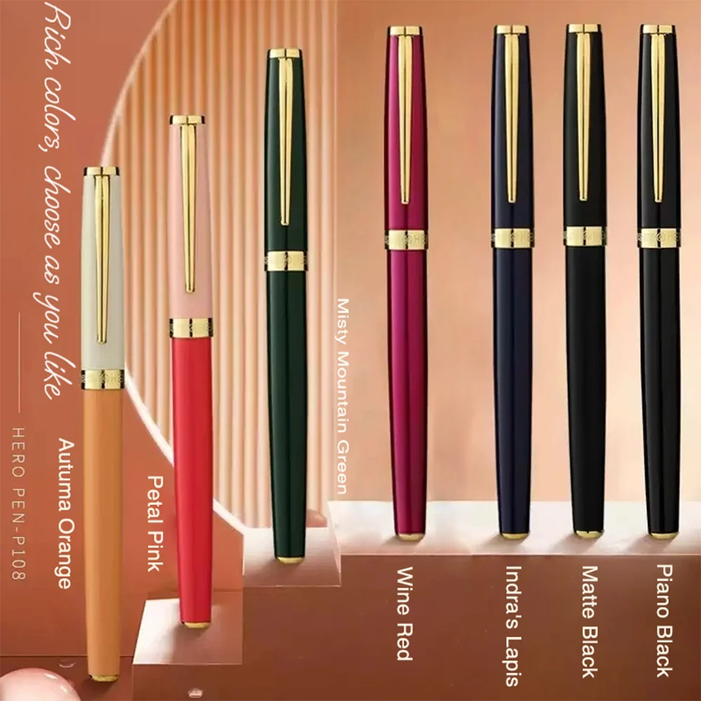 قلم حبر ملون Hero P108 مقاس 0.5 مم من إيريديوم لممارسة كتابة الطلاب، صندوق هدايا مستلزمات المكاتب المدرسية (12 لونًا)