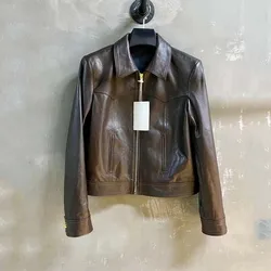 Chaqueta de cuero genuino para mujer, abrigo de estilo Vintage, ropa con cuello vuelto, mano de obra perfecta, nueva moda, primavera y otoño, 2024