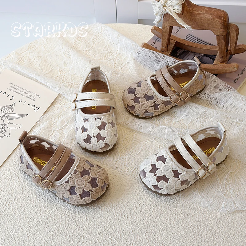 White Khaki Flower Embroidery Lace Mary Jane Shoes Kid Girls Round Toe Mesh Net Ballet Flat Baby Child Wedding Floral Shoes