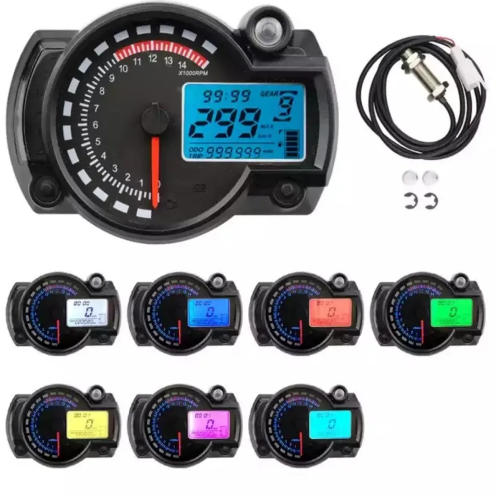 2024 Motorcycle Speedometer MAX 299KM/H 7 Colors LCD Digital Odometer Motorcycle Meter Moto Dashboard Universal