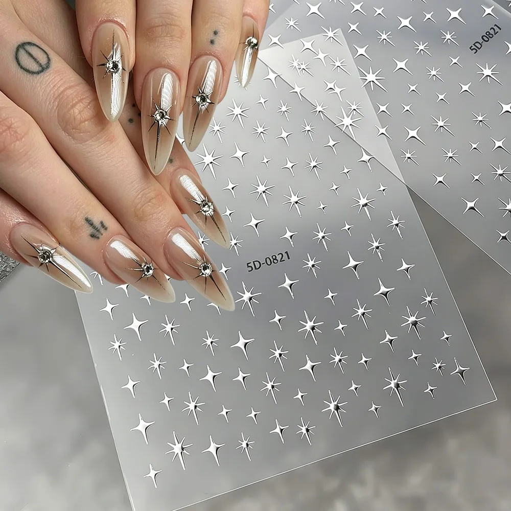 1/2ps 5D Metallic Silver Star Nail Sticker Y2K Metallic Four-Pointed Starburst Nail Decal 8*10cm Self-Adhesive Star Nails Decor