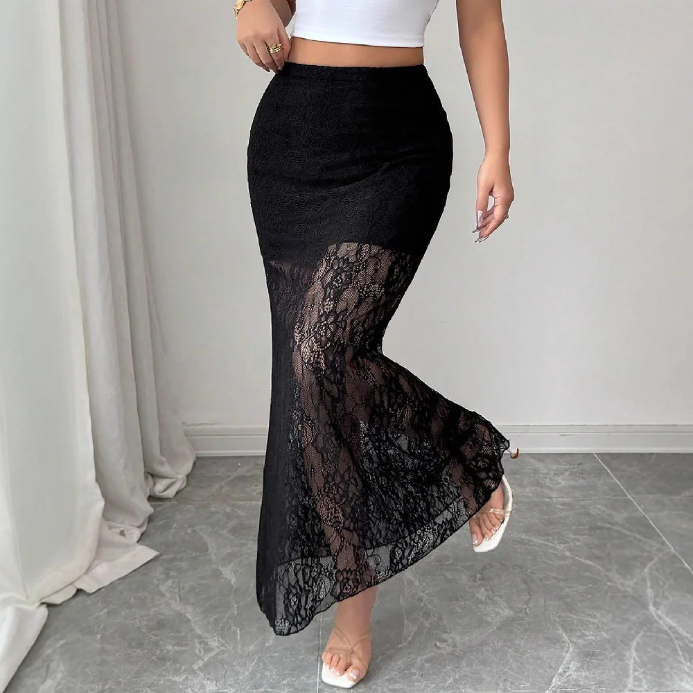 

Goth Dark Lace Patchwork Long Skirt Mall Gothic Coquette High Waist Bodycon Skirts Sexy Sheer Bottoms Elegant Techwear