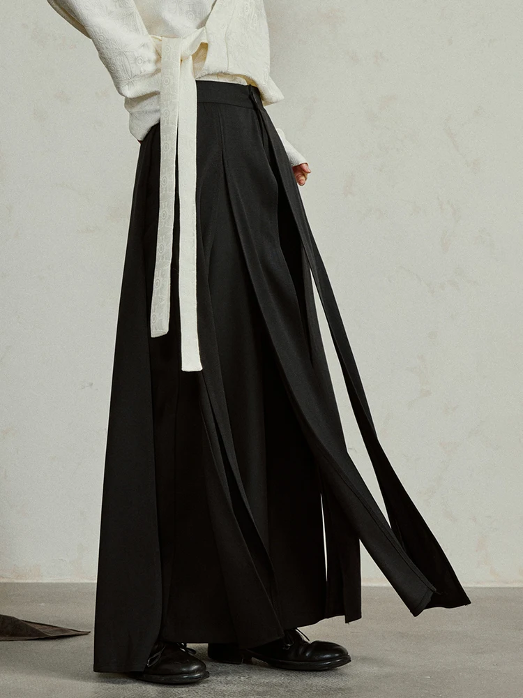 [EAM] High Waist Ribbons Black Pleated Long Casual Wide Leg Pants New Trousers Women Fashion Tide Spring Autumn 2026 1DH4237