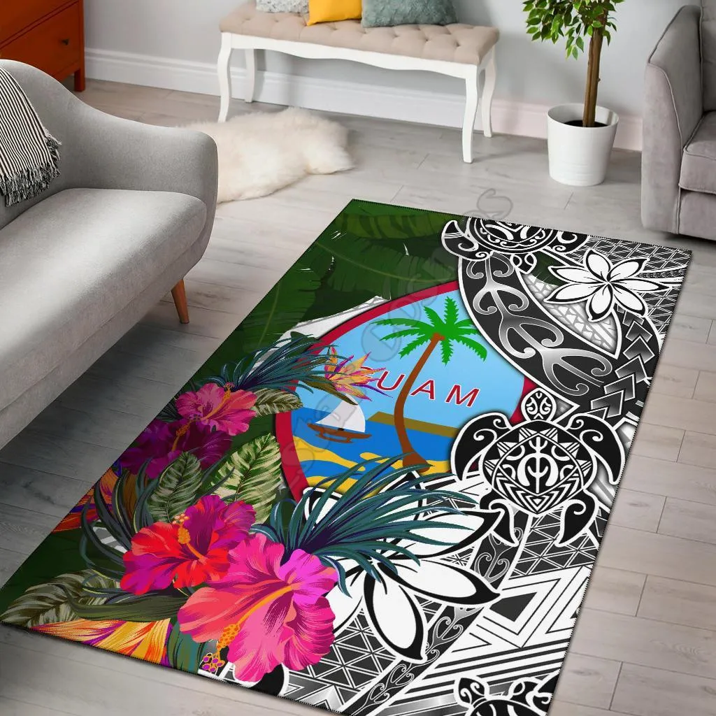 

Guam Area Rug White - Turtle Plumeria Banana Leaf Carpet 3D All Over Printed Rug Home Decoration Themed Living Room Carpet