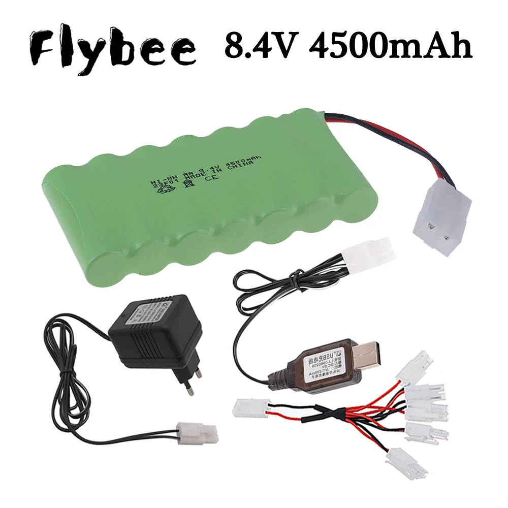 แบตเตอรี่แบบชาร์จไฟได้ไน-MH AA 8.4V 4500mAh พร้อมที่ชาร์จ8.4V สำหรับของเล่น RC รถถังรถบรรทุกหุ่นยนต์เรือเครื่องมือปืน