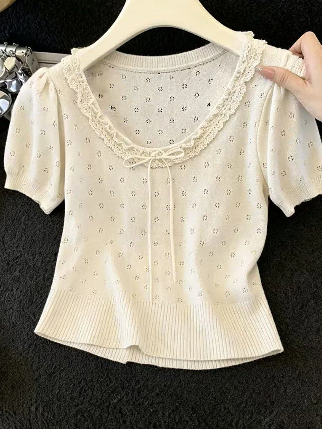 

Summer New Style Women's round Neck Knot Ice Silk Hollow out Knitted T-Shirt Lace Trim Slimming Short Sleeve Top