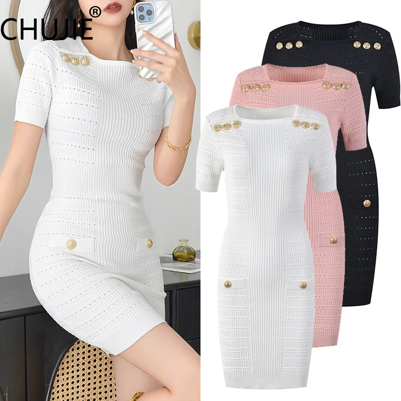 

CHUJIE French Commuter Knit Dress Round Neck Office Ready Stretchy Bodycon Midi Dress Weekender SS25 with Pockets