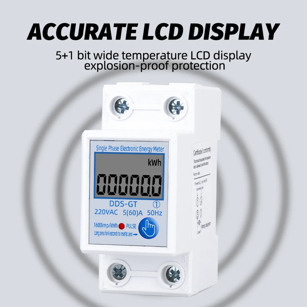 Din Rail LCD Display Digital Single Phase Two Wire Energy Meter KWh Power Consumption Electric 230VAC  60A 50Hz Wattmeter