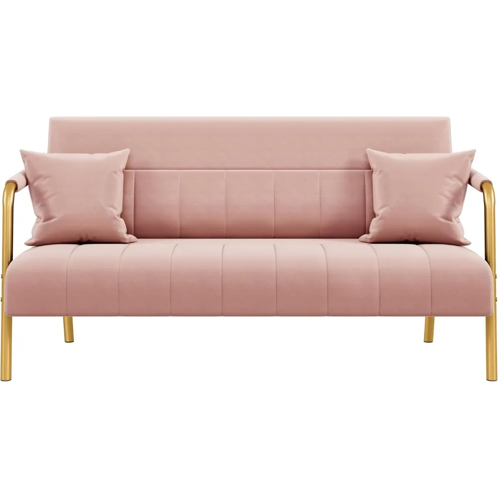 ModernSmall  Luxurious Velvet Fabric Couch with Gold-Tone Metal Arms and Legs for Living Room