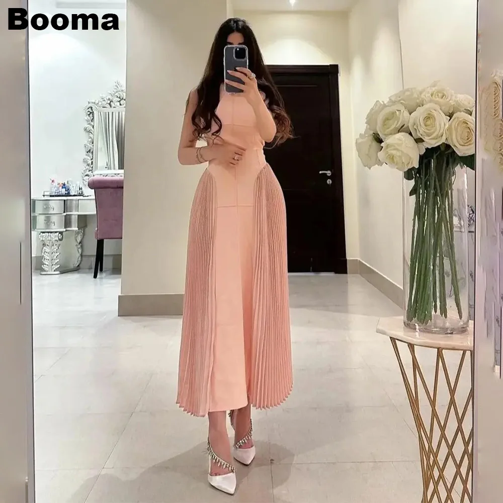 

Booma Pink A Line Saudi Arabia Formal Evening Dresses High Sleeveless Pleat Prom Gowns Ankle Length Wedding Guest's Party Dress