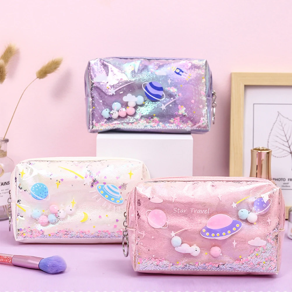 Kawaii Large Glitter Star Pencil Case Laser Leather Pen Box Makeup Bag School Stationery Travel Supplies