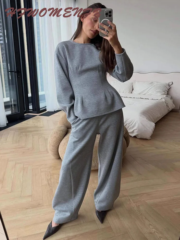 Women's Top Pant Suits O-Neck Full Sleeve Waist-Closed Pleated Female T-shirt Wide Leg Pants 2026 Spring Chic 2 Pieces Set