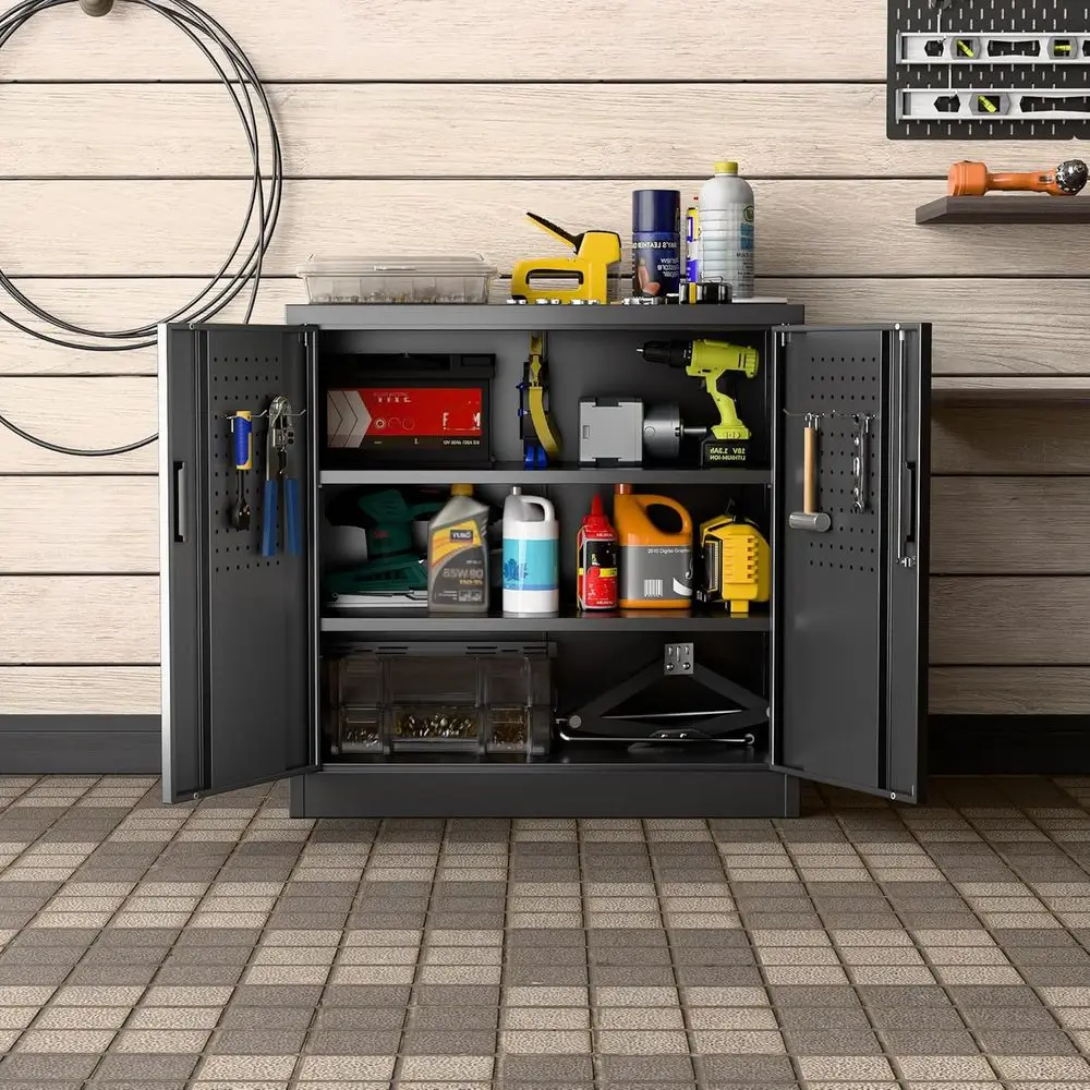 

Metal Storage Cabinet with 2 Lockable Doand 2 Adjustable Shelves, Locking Garage Storage Cabinet with Pegboard, Small Metal Cabi