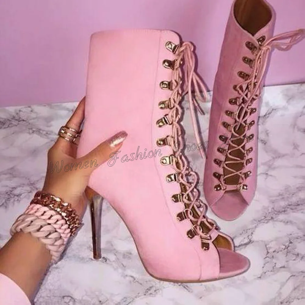 

Pink Peep Toe Lace up Boots Stilettos High Heels Matte Leather High Heel Shoes for Women Sexy Heels 2024 New Zapatos Para Mujere