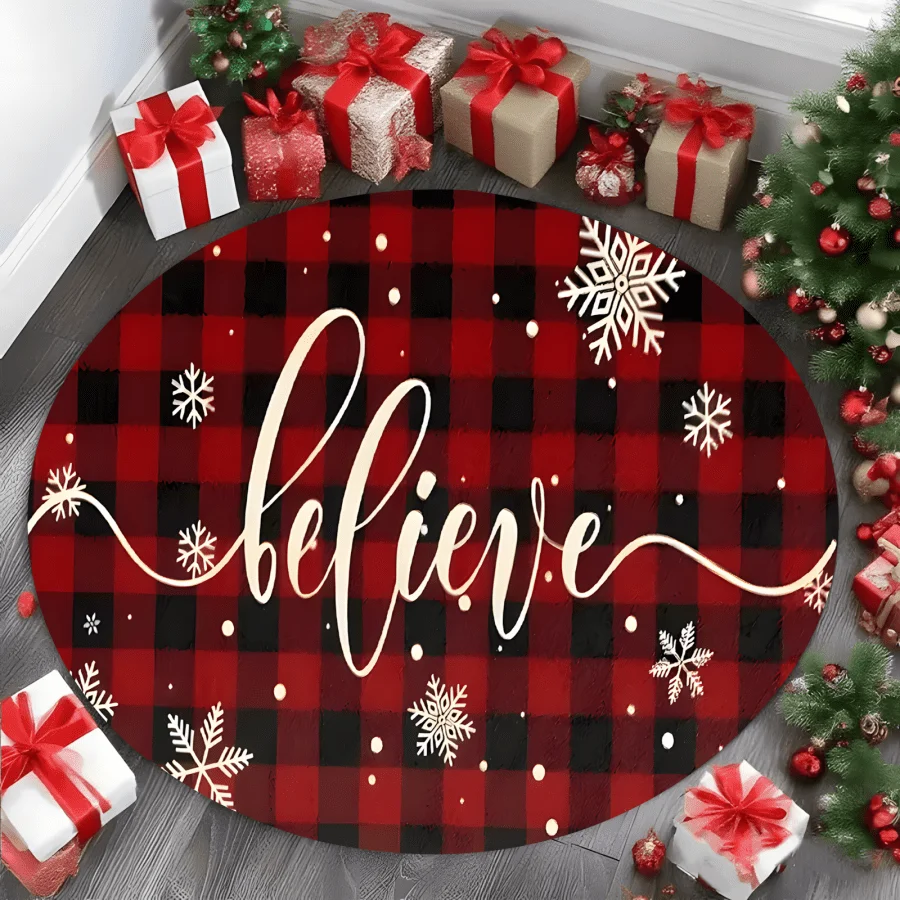 1pc Red‑Black Plaid Snowflake & Yellow‑Letter Printed Round Area Rug, Christmas Floor Mat, Autumn‑Winter Home Decor