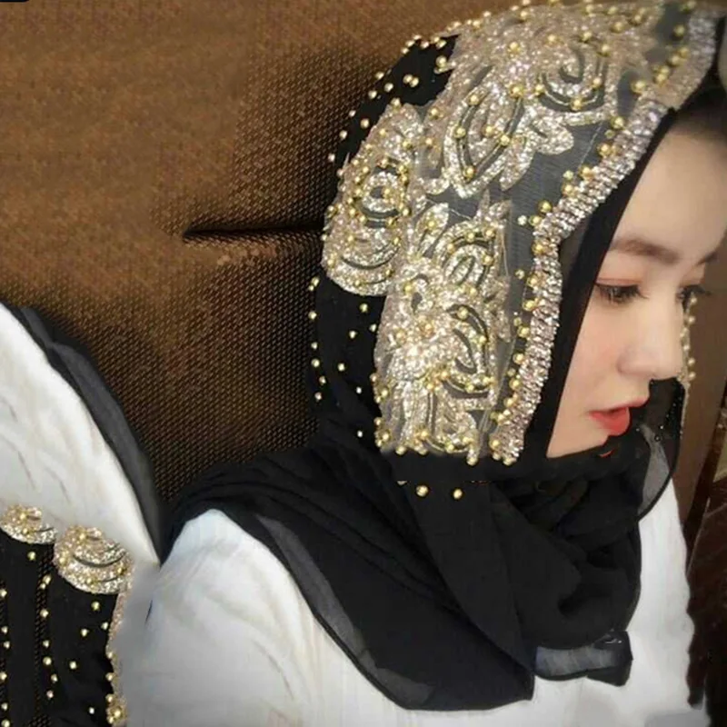 Ethnic Black Hijabs Muslim Women's Beading Africa Headscarf Blue Red Scarf Dubai Saudi Head Wear Hat Hijab Chiffon 175X70CM