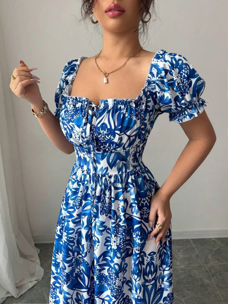 Elegant Blue Floral Print Dress for Women with Bubble Sleeves Long Casual Vacation Front Tie Back Gathered Waist view 6