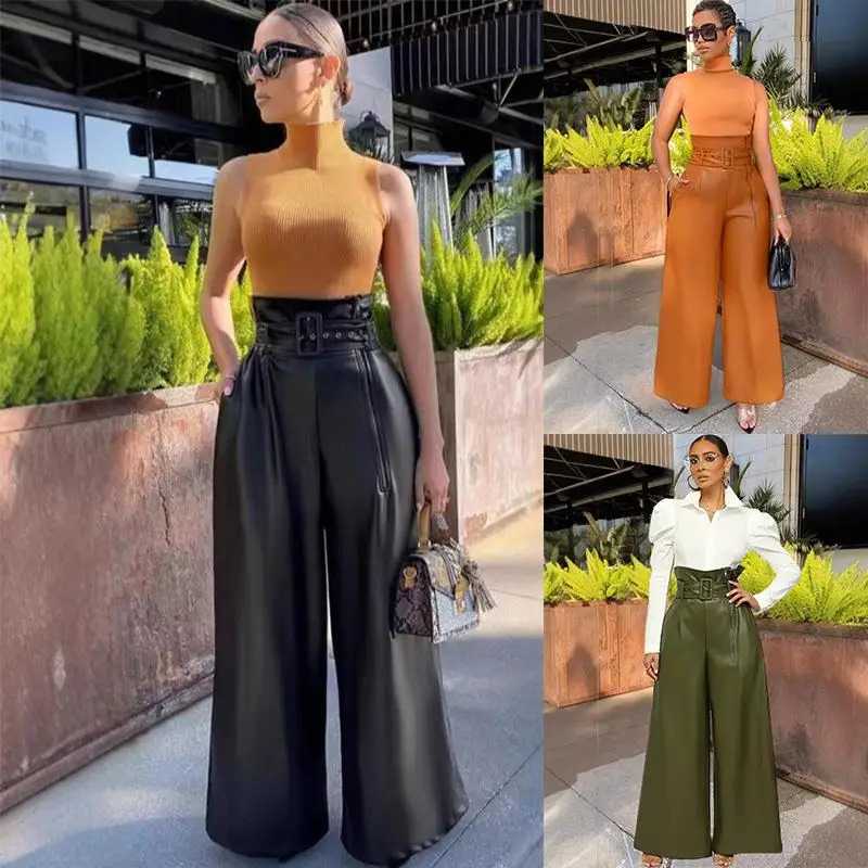 

High Waist Leather Pants for Women Sli Long Zipper Design Commute Sle Wide Leg Flared Pants PU Material Iron Free