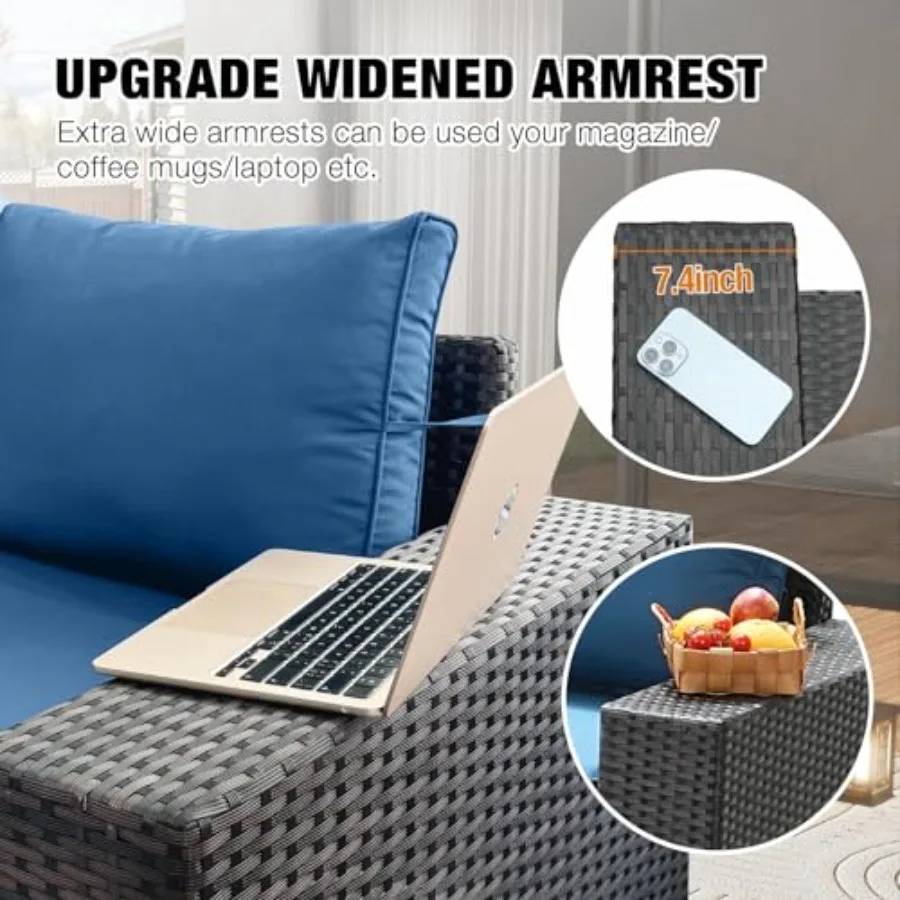 Patio furniture set for outdoor use, all-weather wicker rattan, peacock blue, includes cushioned sectional sofa and tempered gl