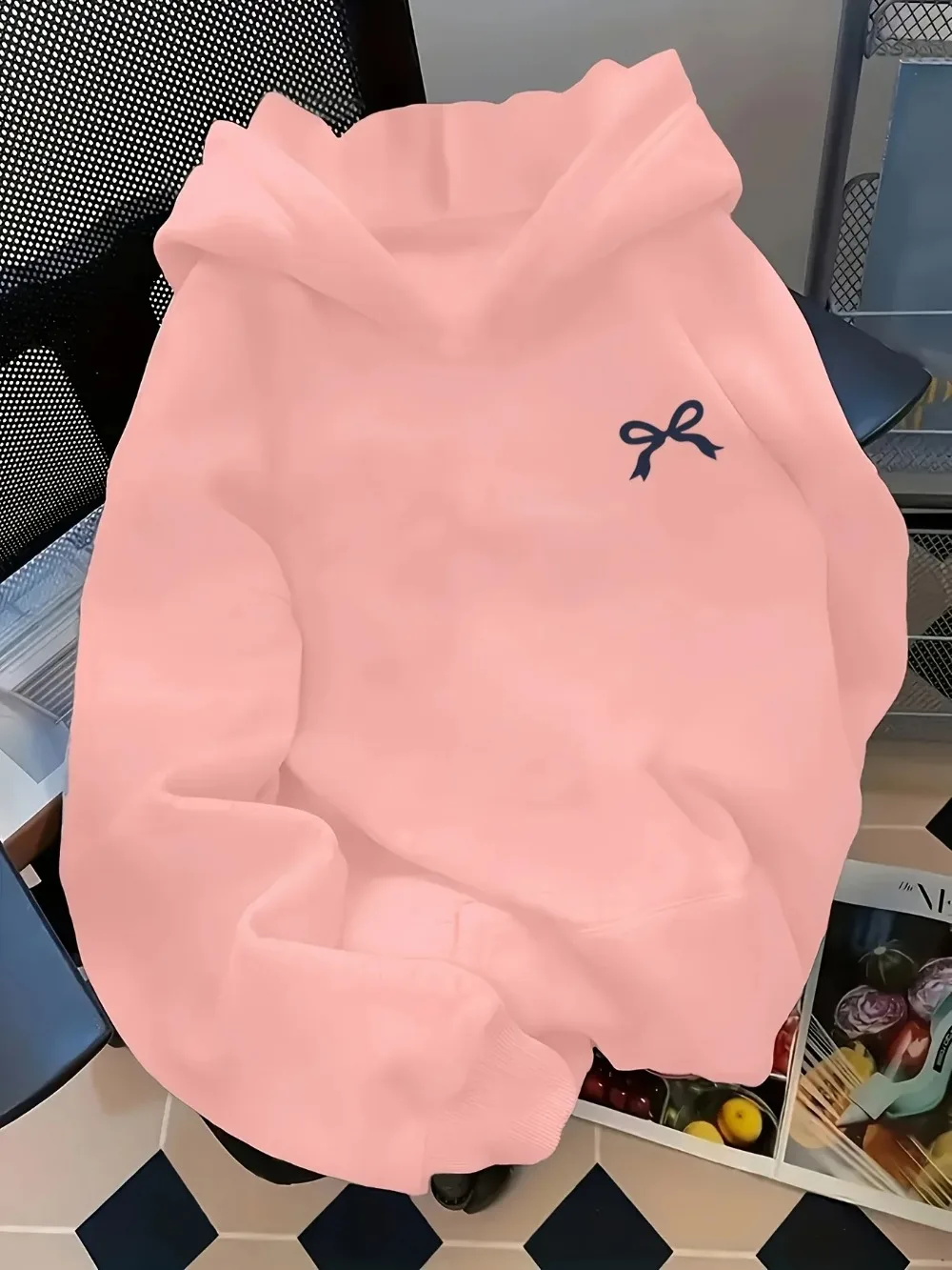 Kapuzenpullover mit Schleifenmuster, bequemer, lockerer Schnitt, lässiger Pullover für Frühling und Herbst, Streetwear, Y2k-Kleidung. – Detail 4