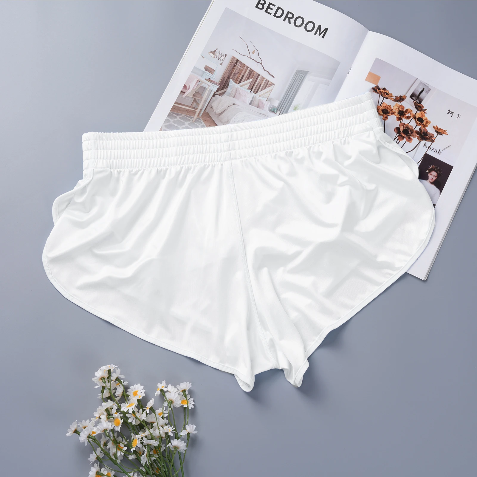 Satin-Herren-Boxershorts mit Seitenschlitz, glänzender Pfeil-Design, sexy Unterwäsche, innerer Netzbeutel, Jockstrap, Schlafhose, Homewear – Detail 13