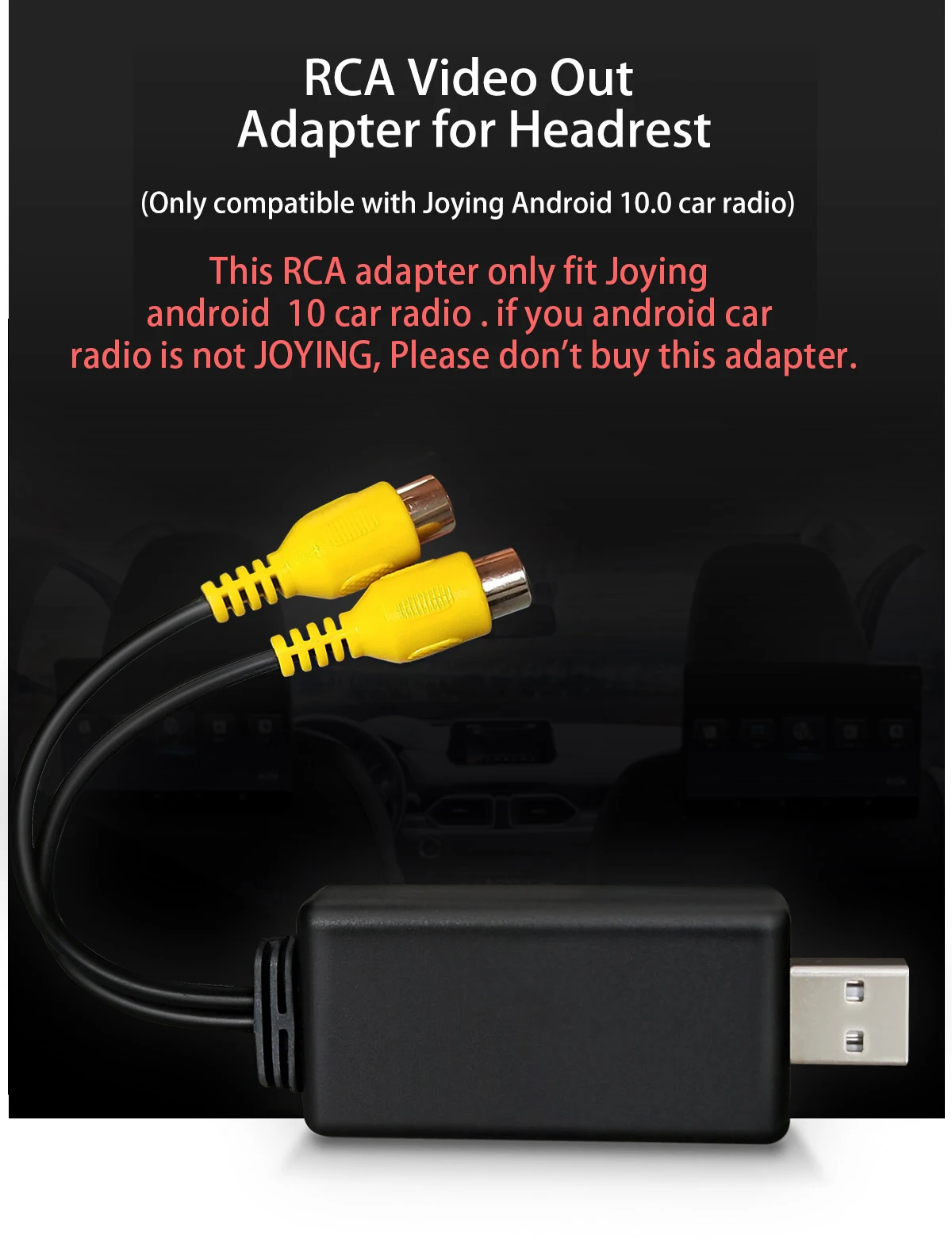 Joying RCA Video Output Adapter for Headrest Back Screen cable wiring harness only for Joying android 10 device