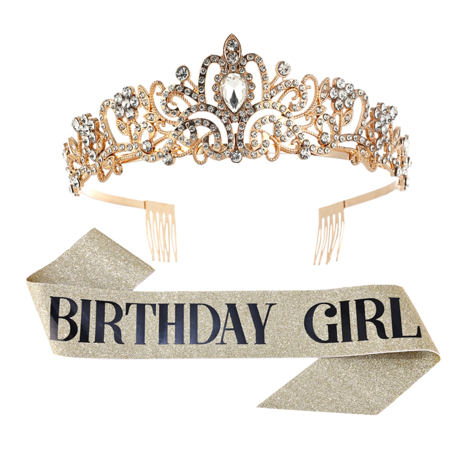 2-teiliges Set Glitzernde Strass-Kristall-Krone Tiara Geburtstagsmädchen Schärpe Krone für Frauen Mädchen Geburtstagsparty Dekorations-Set – Detail 5