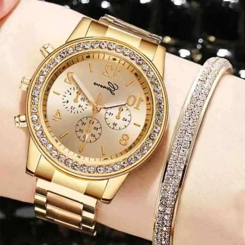 Women Watch + Bangle for Women Bracelet Women Crystal Luxury Simple Diamond Gold Clock Set Jewelry 2pcs/Set Relojes Para Mujer