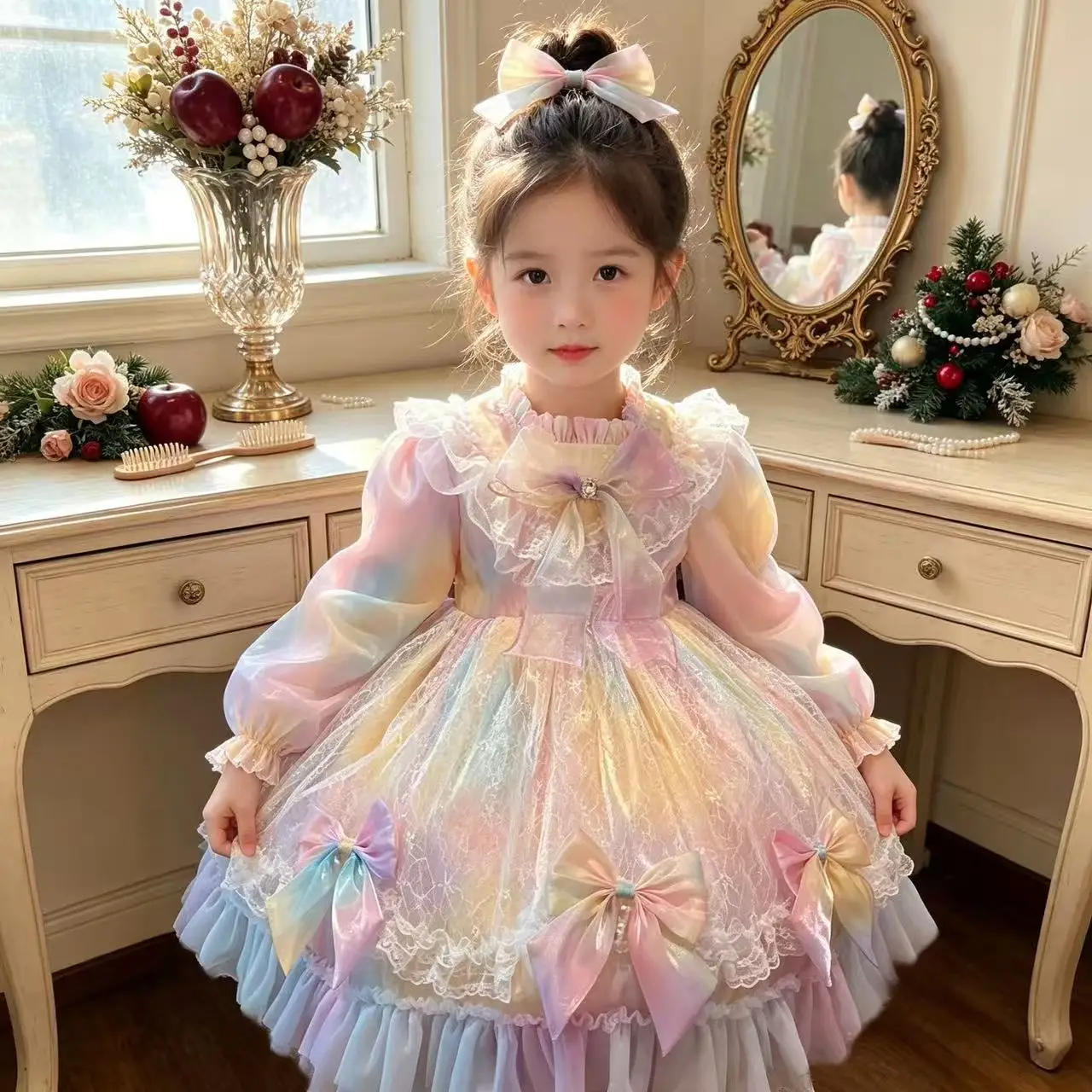 Girls Autumn Winter Lolita Dress Rainbow Gradient Puffy Skirt Cute Princess Birthday Party Dress for Kids