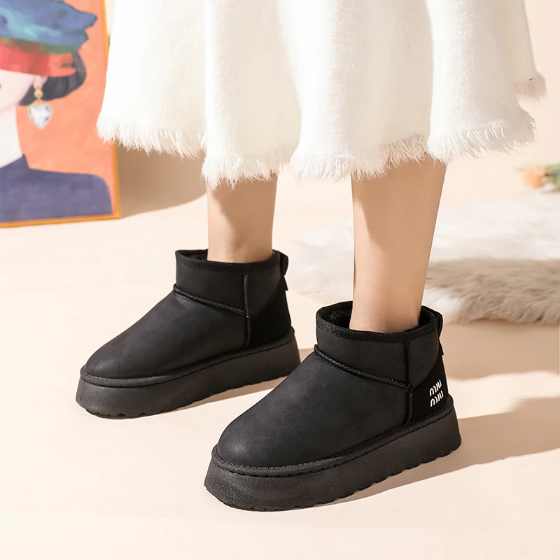 2026 جديد الشتاء الراحة بلون منتصف الكعب أحذية نسائية رئيس مستدير زيادة بسيطة الدافئة والصوف كم حذاء الثلوج المسطح 41 #4