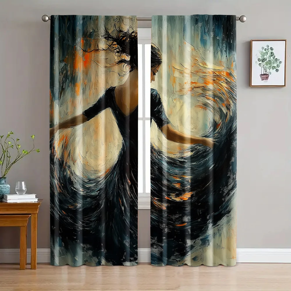 

2pc, Drapes Vintage Abstract Dancer Machine Washable Polyester,Without Electricity summer party decorations Use for Home Use