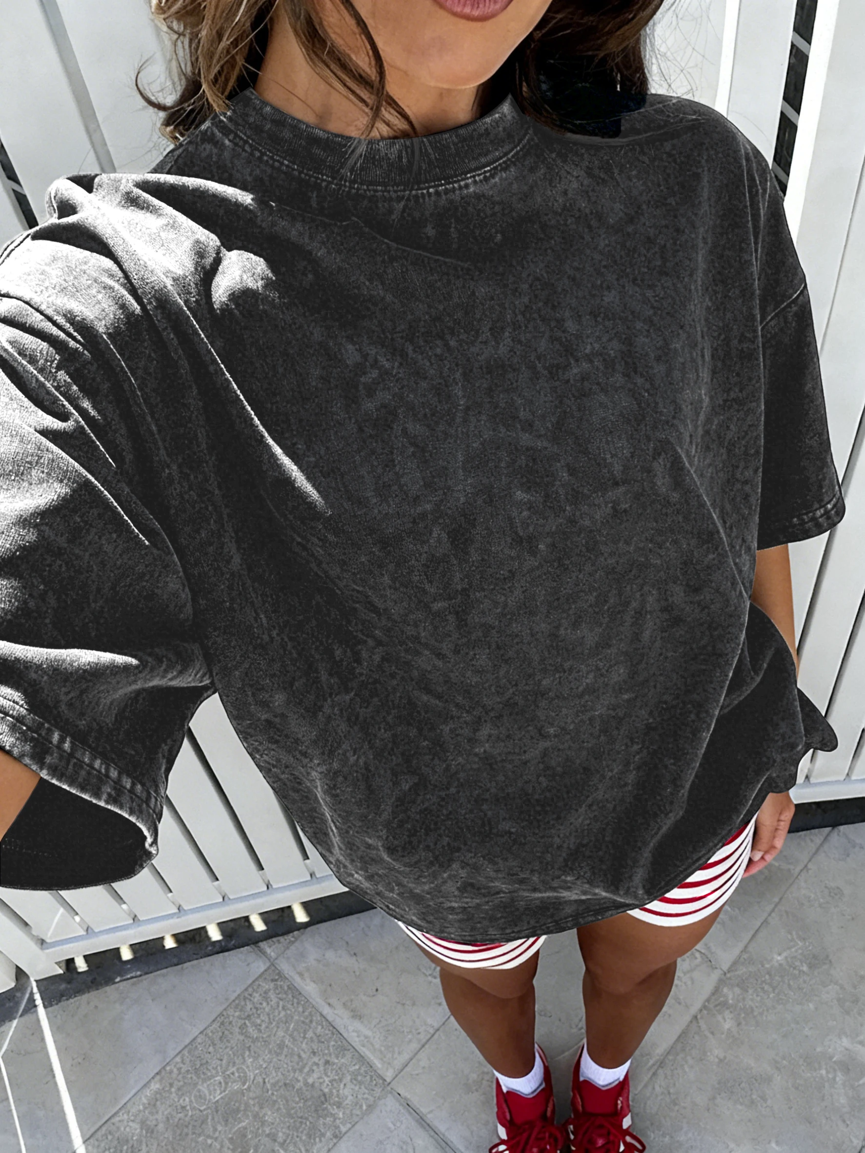 Summer Cotton T Shirt Women Solid Washed T-shirts O-Neck Oversized Sportswears Soft Comfy Short Sleeve Vintage Fashion Tee Tops