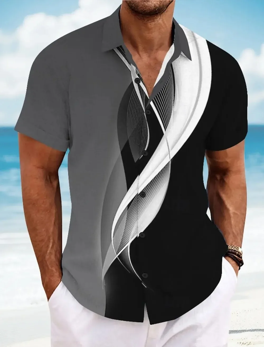 Geometric Wave Lines Combined Pattern 3D Print Breath Quick-dry Men Women's Shirt Street Fashion Casual Hawaiian Vacation Shirt