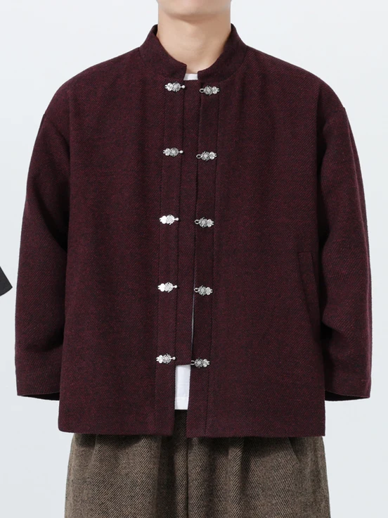 جديد الصينية Sle تانغ دعوى الرجال الخريف الشتاء الصوفية Jaet فضفاضة الوقوف طوق Zhongan معطف زر حتى طويل Sve ملابس خارجية