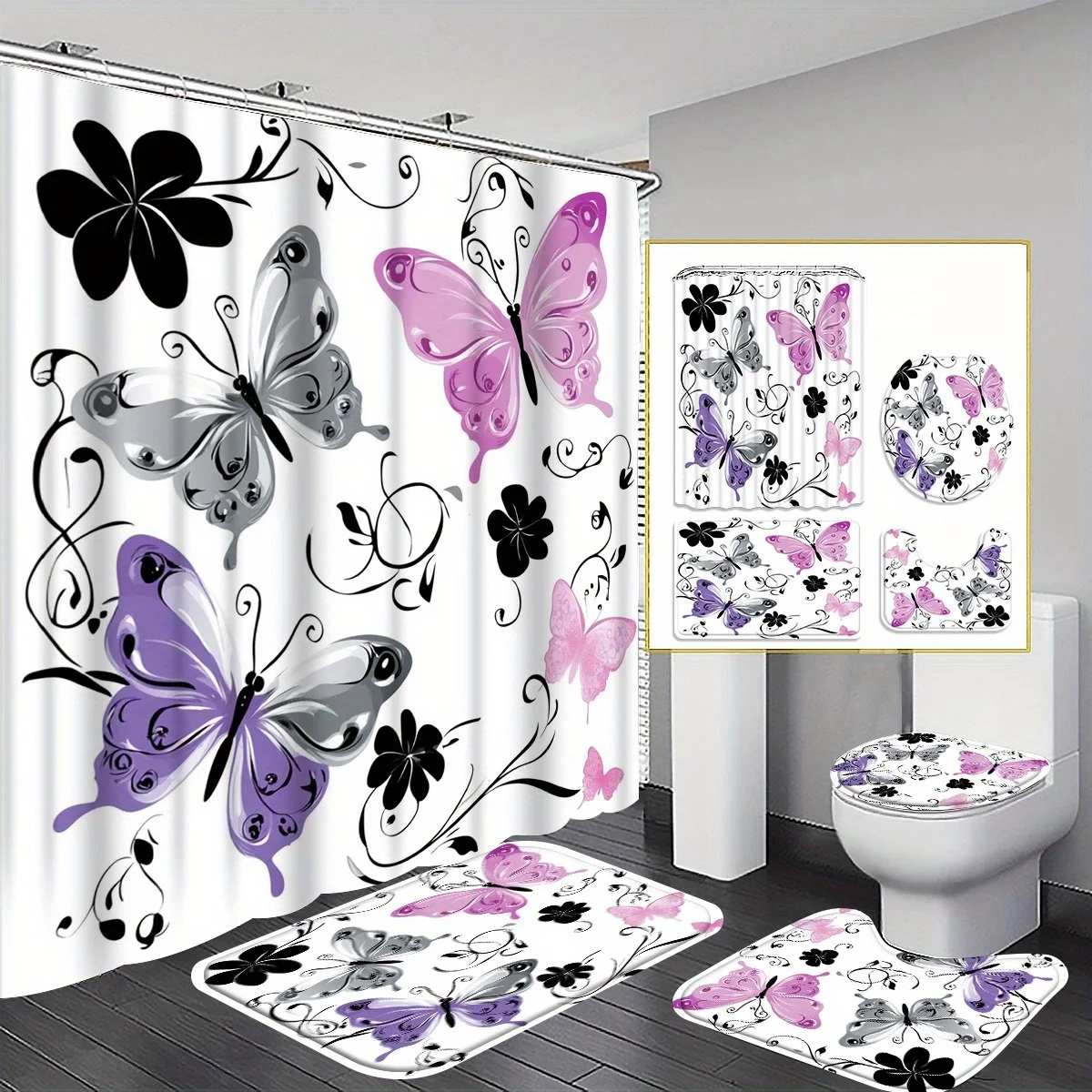 4pc Purple and pink butterfly bathroom set - shower curtain + rug + toilet seat cover, U-shaped mat, romantic insect pattern