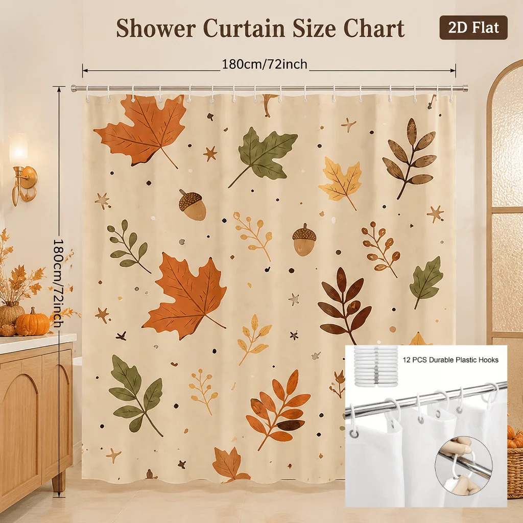 Autumn Leaves Shower Curtain 71x 71inch Polyester Fabric Farmhouse Autumn Leaves Acorn Plant Print Bathroom Decor Includes 12 Hooks Neutral Beige Rustic Natural Design
