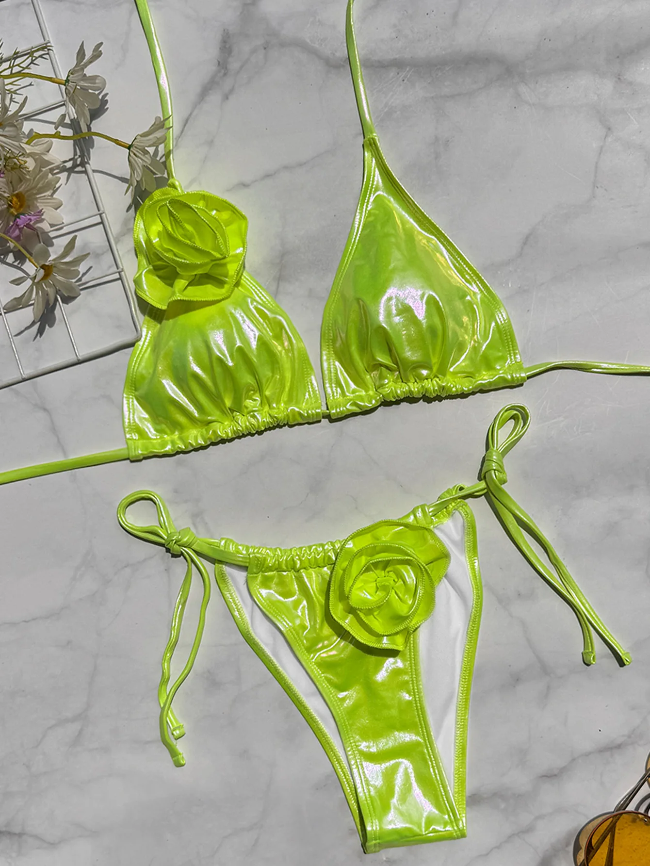 Bikini zestaw fluorescencyjny zielony 3D kwiat stroje kąpielowe Bikini Mujer stroje kąpielowe kobiety błyszczące plaża strój kąpielowy strój