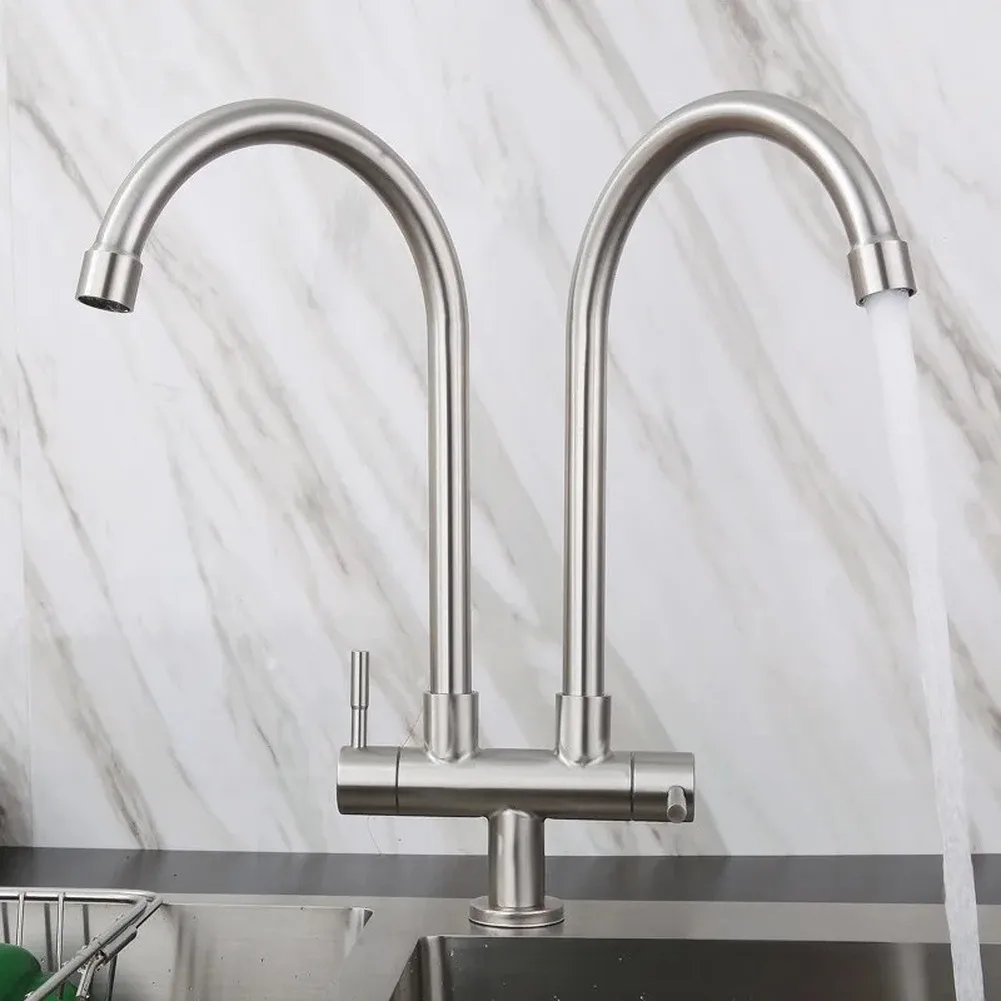 Kitchen Faucet Constructed from Stainless Steel with Full 360 Degree Spout Rotation and Dual Outlet Functionality