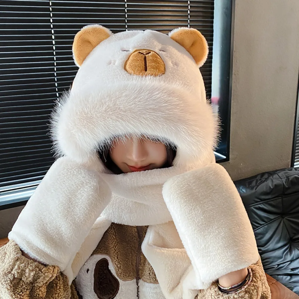 

Trendy 3 in 1 Capybara Hat Scarf Set Panda Warm Furry Scarf Cap Set Windproof Fluffy Cartoon Plush Hat Lady